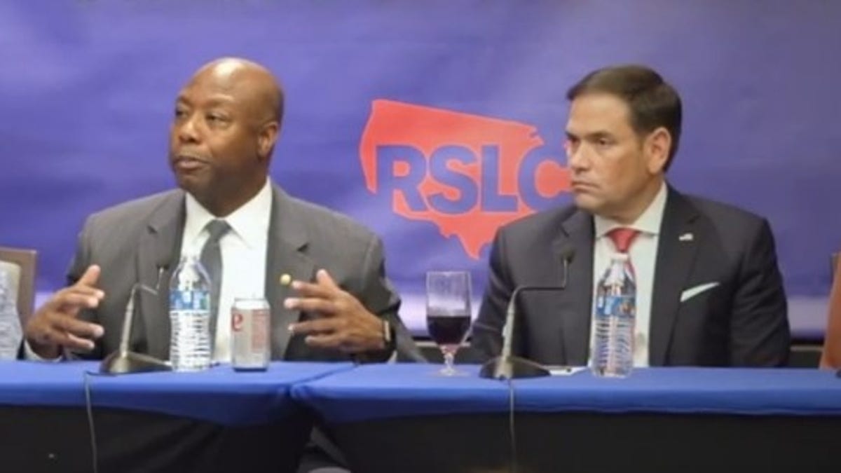 Sens. Tim Scott of South Carolina and Marco Rubio of Florida team up in October 2021 at a Republican State Leadership Committee event to help the GOP recruit more diverse and female candidates at the state legislative level.