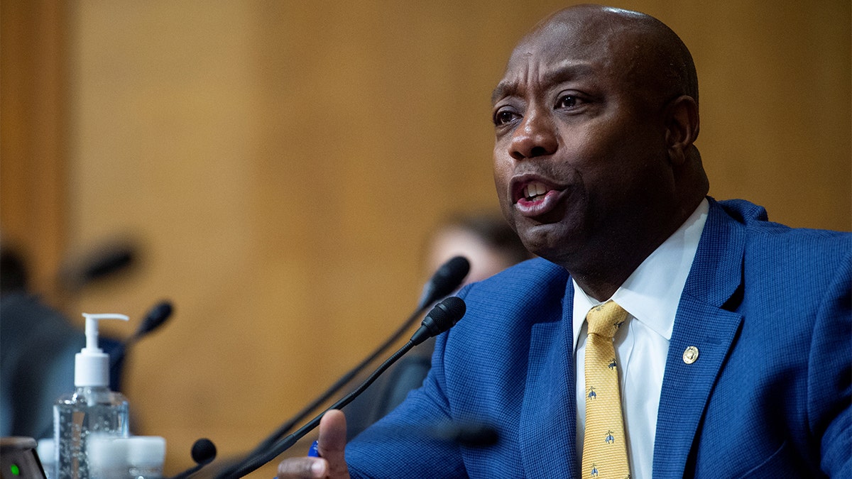 Sen. Tim Scott, R-S.C., questions Chris Magnus as he appears before a Senate Finance Committee hearing on his nomination to be the next U.S. Customs and Border Protection commissioner in the Dirksen Senate Office Building on Capitol Hill in Washington, D.C., Oct. 19, 2021. Rod Lamkey/Pool via REUTERS