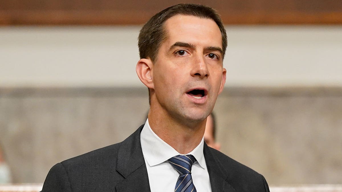 Sen. Tom Cotton (R-AK) speaks during a Senate Armed Services Committee hearing on the conclusion of military operations in Afghanistan and plans for future counterterrorism operations on Capitol Hill on September 28, 2021 in Washington, DC.