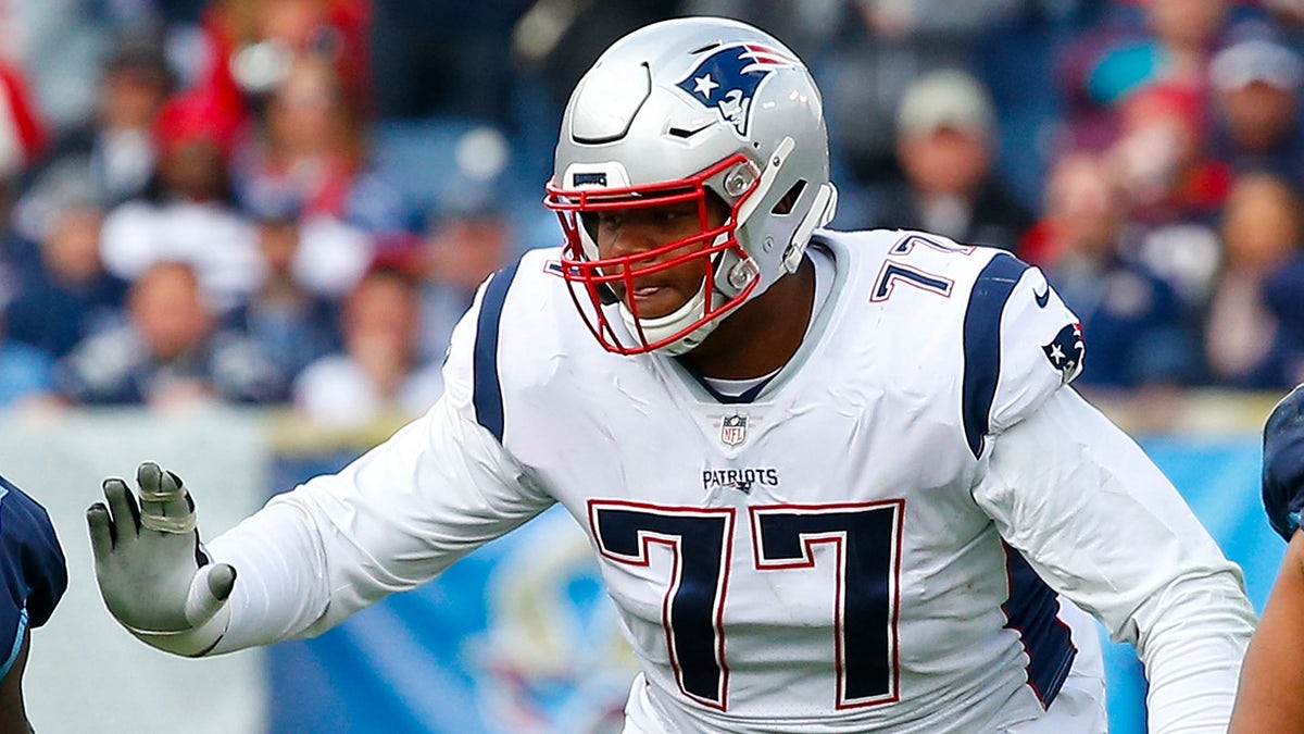 Trent Brown of the New England Patriots blocks against of the Tennessee Titans at Nissan Stadium on November 11, 2018 in Nashville, Tennessee.