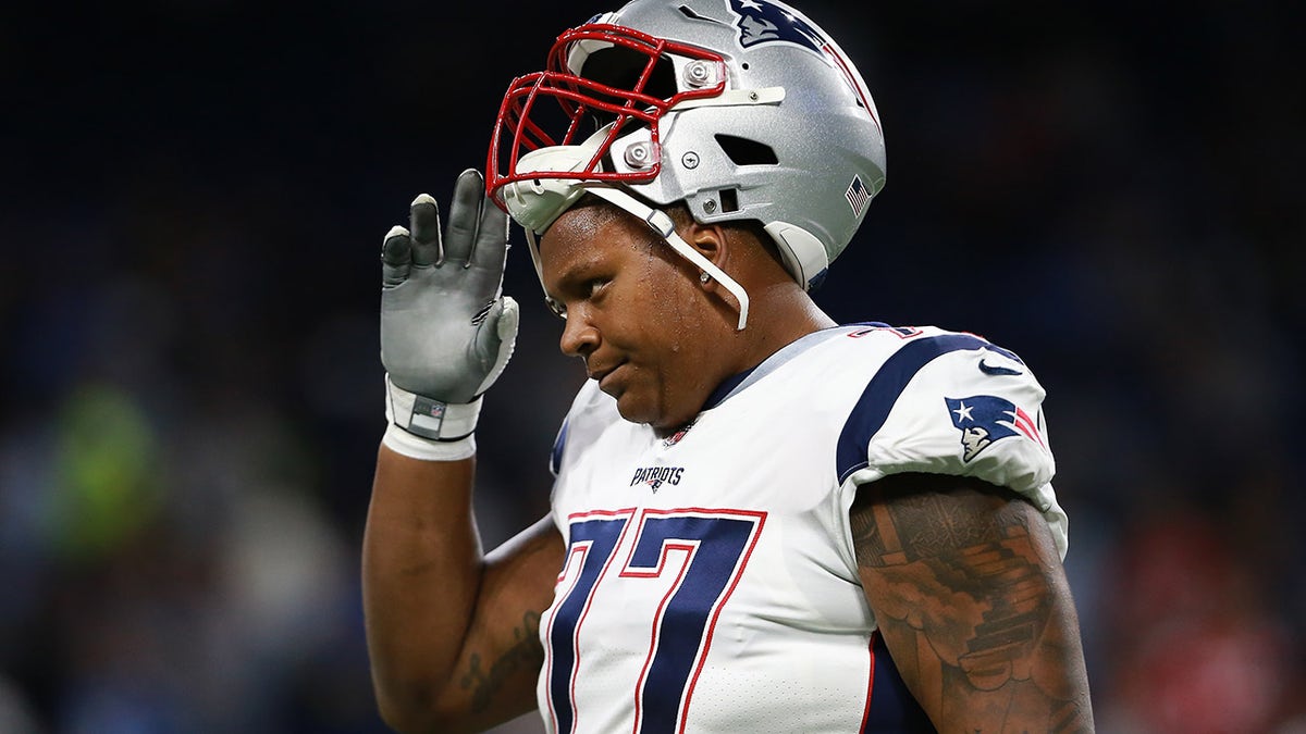 Trent Brown of the New England Patriots on the field prior to the start of the game against the Detroit Lions at Ford Field on Sept. 23, 2018, in Detroit, Michigan.