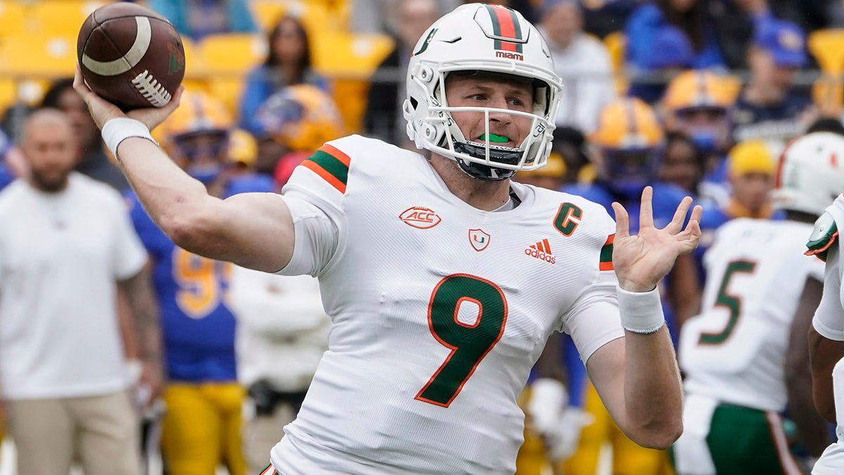 Miami quarterback Tyler Van Dyke (9) throws a pass against Pittsburgh during the first half of an NCAA college football game, Saturday, Oct. 30, 2021, in Pittsburgh.