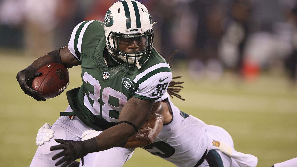 Running Back Zac Stacy (38) of the New York Jets has a long gain against the Philadelphia Eagles at MetLife Stadium on Sept. 3, 2015, in East Rutherford, New Jersey.