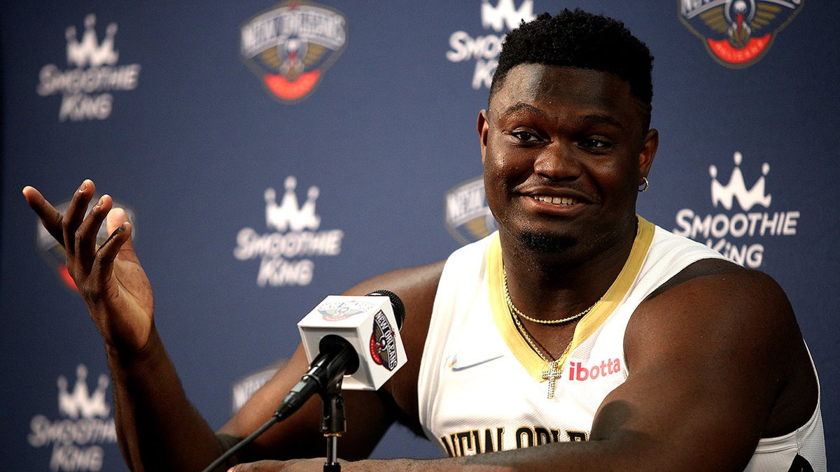 NEW ORLEANS, LOUISIANA - SEPTEMBER 27: Zion Williamson #1 of the New Orleans Pelicans speaks to members of the media during Media Day at Smoothie King Center on September 27, 2021 in New Orleans, Louisiana.