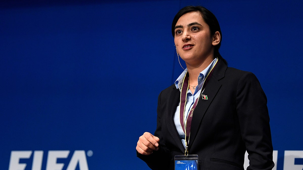 Khalida Popal, former captain of the Afghan women's national football team, speaks during the FIFA Annual Conference for Equality & Inclusion at the Home of FIFA in March 2017 in Zurich, Switzerland. 