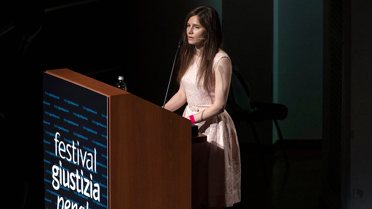 American journalist Amanda Knox delivers a speech during a panel session entitled 