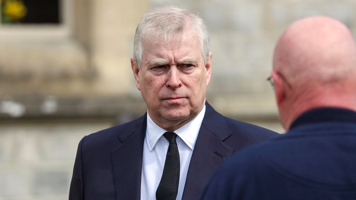 Britain's Prince Andrew attends the Sunday service at the Royal Chapel of All Saints at Royal Lodge, Windsor, following the death announcement of his father, Prince Philip, in England, April 11, 2021. 