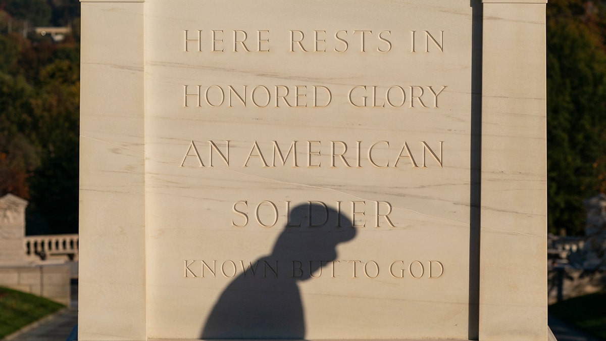 The shadows of a soldier with the 3rd U.S. Infantry Regiment, known as "The Old Guard," is seen as he moves flowers during a centennial commemoration event at the Tomb of the Unknown Soldier, in Arlington National Cemetery on Wednesday in Arlington, Virginia. 