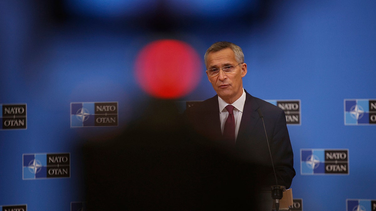 NATO Secretary General Jens Stoltenberg speaks to the press ahead of a meeting of NATO Ministers of Foreign Affairs Nov. 30-Dec.1, at the NATO headquarters, in Brussels, Belgium on Friday, Nov. 26, 2021.
