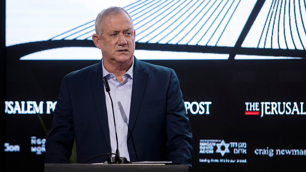 Israeli Minister of Defense Benny Gantz speaks at Jerusalem Post's annual conference on Oct. 12, 2021, in Jerusalem, Israel.