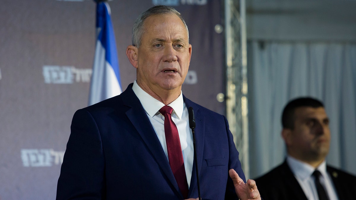 Benny Gantz, of the Blue and White Party, gives a statement to the press on March 1, 2020, in Ramat Gan, Israel. 