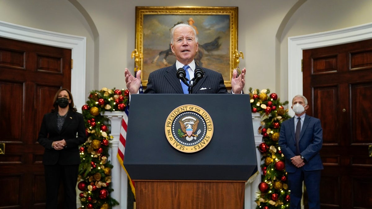 President Joe Biden speaks about the COVID-19 variant named omicron, in the Roosevelt Room of the White House on Monday.