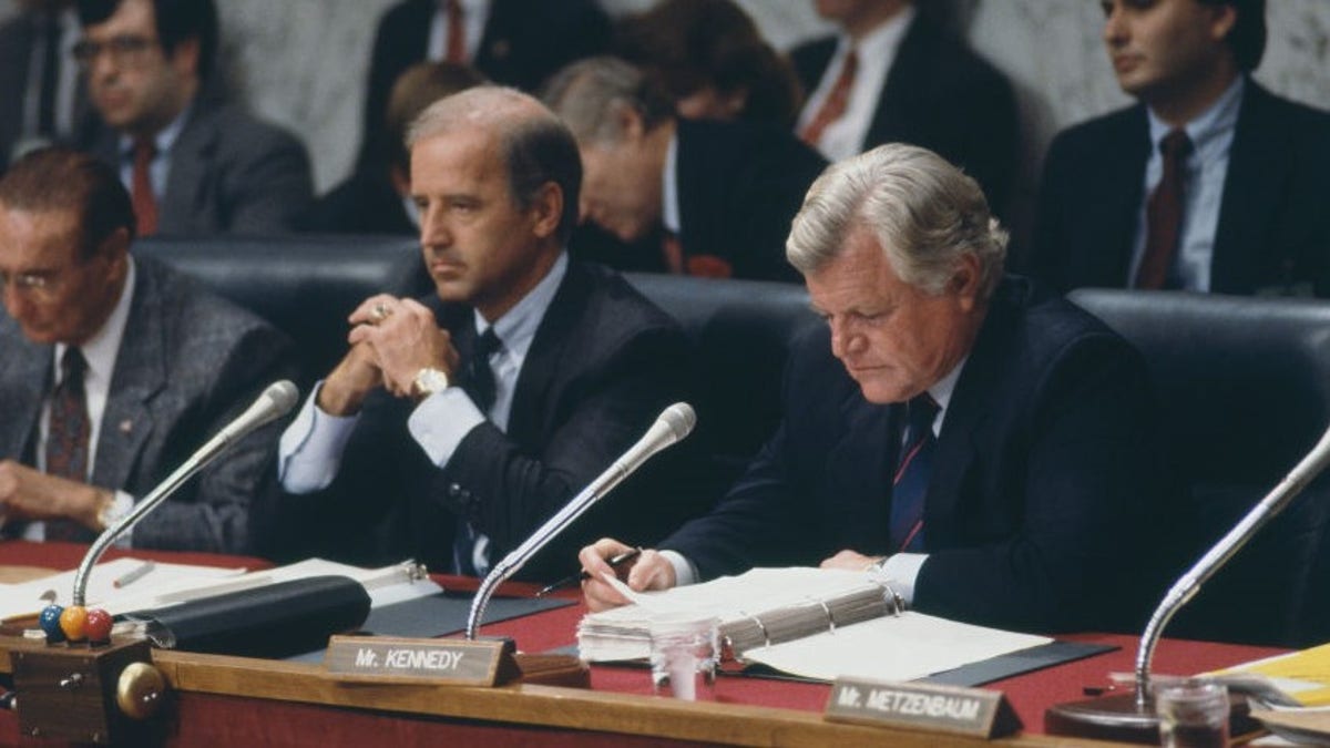 Senate Judiciary Committee Chairman Joseph Biden Jr. of Delaware and member Sen. Ted Kennedy of Massachusetts preside over the confirmation hearing for Supreme Court Justice David Souter in 1990. (Photo by Jean-Louis Atlan/Sygma via Getty Images)