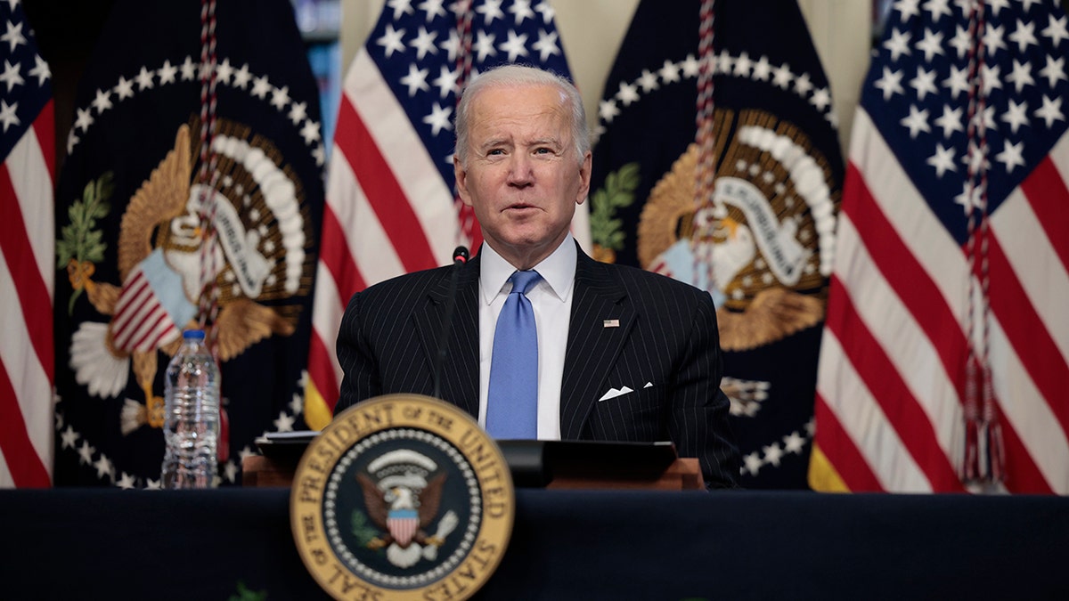 President Biden delivers remarks at the start of a hybrid virtual roundtable with CEOs and leaders of retail, consumer products firms, and grocery store chains in the Eisenhower Executive Office Building on Nov. 29, 2021, in Washington, D.C. 
