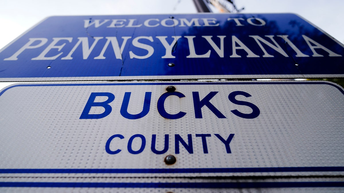 A sign is posted in New Hope, Pennsylvania, upon entering Bucks County from New Jersey on Nov. 4.
