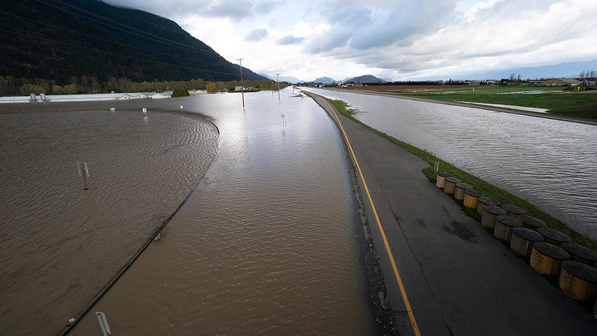 Flooding on Highway 1 looking eastbound is seen in Chilliwack, British Columbia, Tuesday, Nov. 16, 2021. 