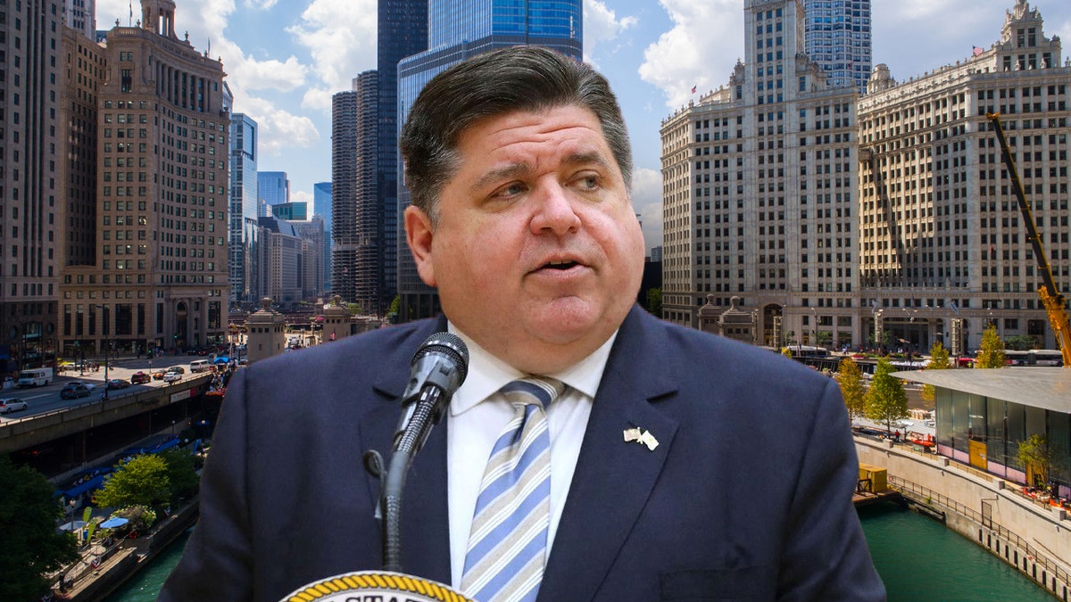 Gov. J.B. Pritzker speaks during a news conference at South Elgin High School on March 31, 2021.