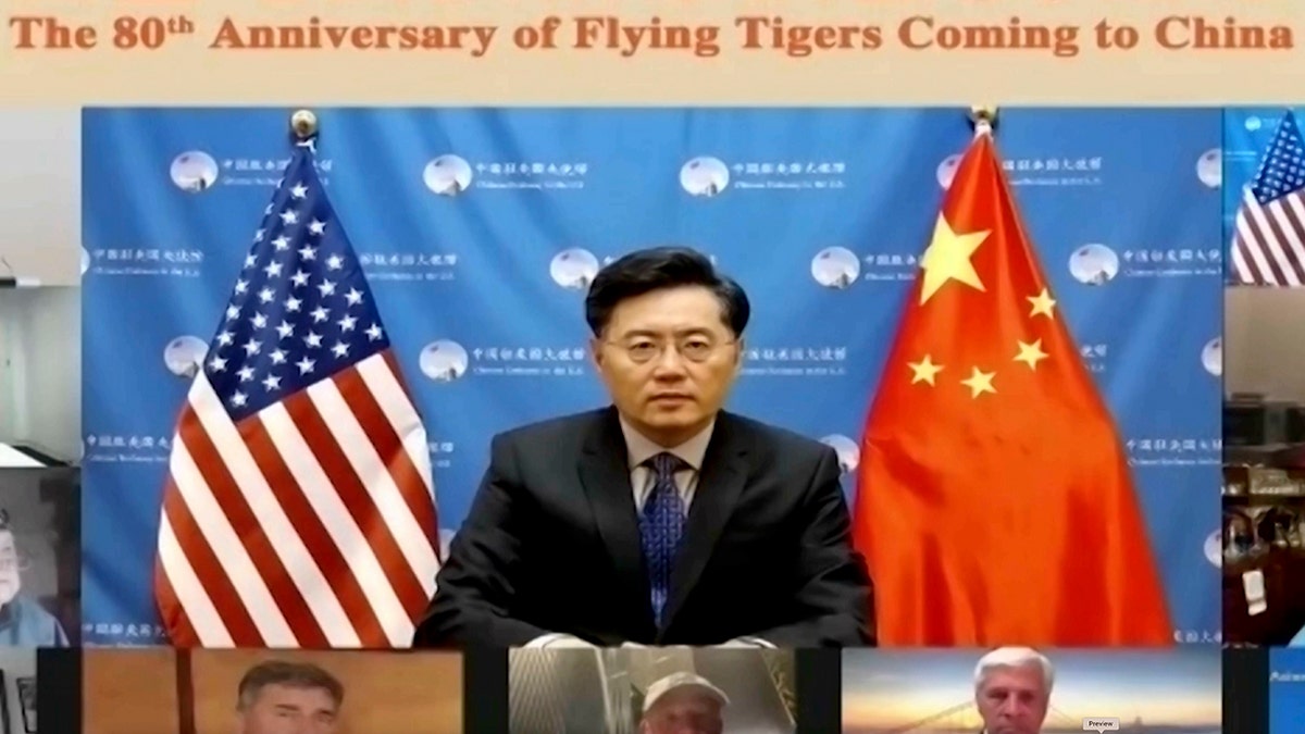 In this screenshot taken on Nov. 16, 2021 and released by Chinese People's Association of Friendship with Foreign Countries, Qin Gang, China's ambassador to the U.S. speaks during a video conference call on the 80th anniversary of Flying Tigers Coming to China event in Beijing, China. 