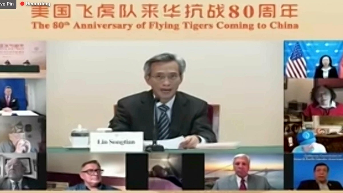 In this screenshot taken on Nov. 16, 2021 and released by Chinese People's Association of Friendship with Foreign Countries, Zheng Jianbang, Vice Chairperson of the National Committee of the Chinese People's Political Consultative Conference speaks during a video conference call on the 80th anniversary of Flying Tigers Coming to China event in Beijing, China.