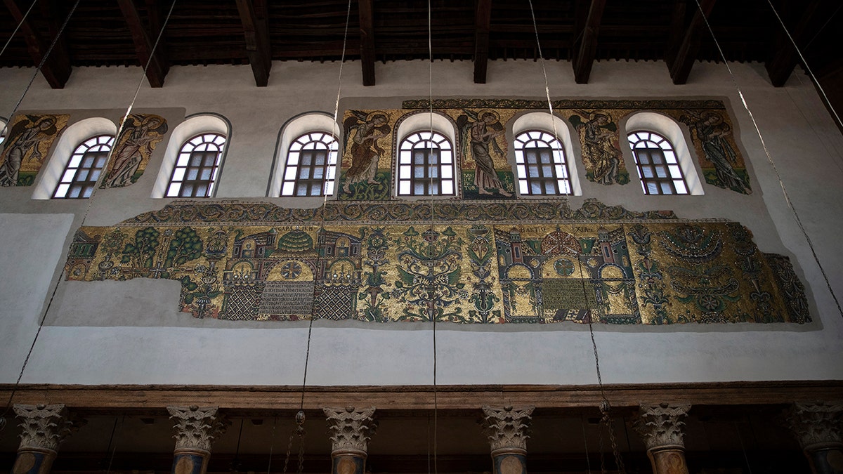 A section of a renovated mosaic adorns the Church of the Nativity, in the West Bank city of Bethlehem, Thursday, Nov. 11, 2021. 