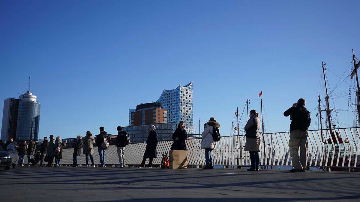 People queue up in a line several hundred meters long for the vaccination campaign at the Elbphilharmonie in Hamburg, Germany, Monday, Nov. 22, 2021. 
