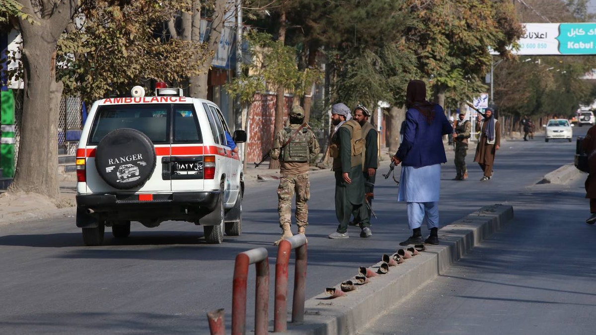 An ambulance is seen as Taliban take security measures after a military hospital located in Wazir Akbar Khan region was hit by twin bombings in Afghanistan's capital Kabul on Nov. 2. The first bomb exploded at the entrance of the Sardar Mohammad Dawood Khan Hospital, the largest military hospital in Kabul. This was followed by a second bombing. 