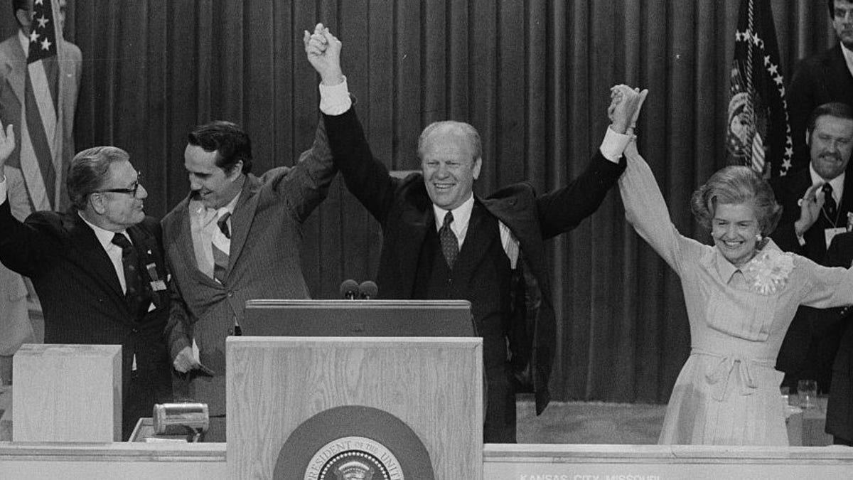 President Gerald Ford, First Lady Betty Ford, Vice President Nelson Rockefeller, and vice presidential candidate Bob Dole celebrate winning the nomination at the Republican National Convention, Kansas City, Missouri