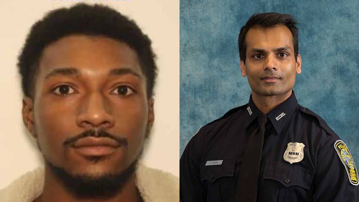 Jordan Jackson, left, died by suicide during a standoff with police earlier this month after allegedly killing Henry County police Officer Paramhans Desai, right, during a domestic violence call. 