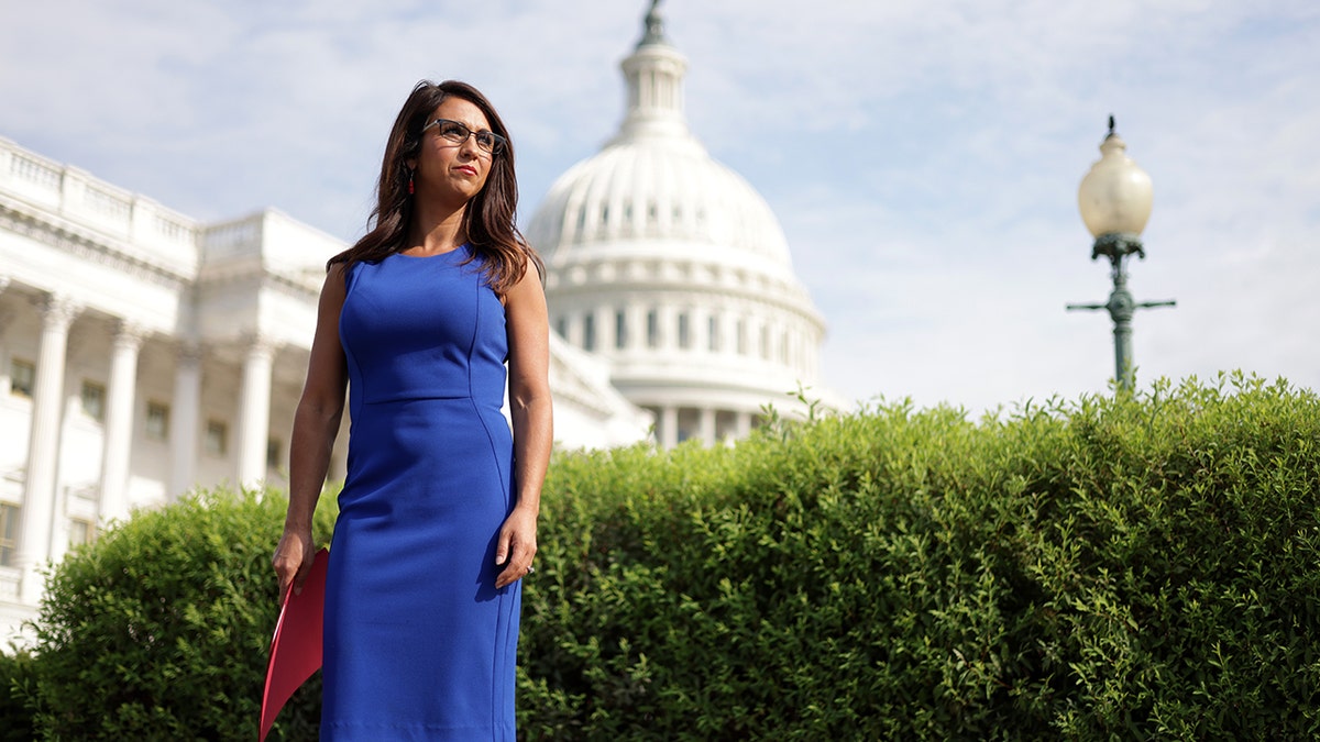 Rep. Lauren Boebert, R-Colo., waits for the beginning of a news conference in front of the U.S. Capitol July 1, 2021, in Washington, D.C. 