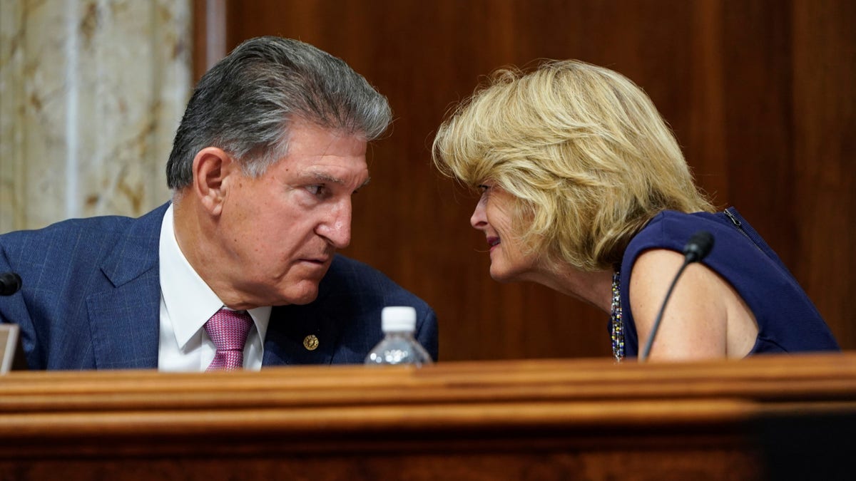 Chairman of the Senate Committee on Energy and Natural Resources Joe Manchin (D-WV) speaks with Senator Lisa Murkowski (R-AK) during a hearing on Capitol Hill in Washington, U.S., July 27, 2021. REUTERS/Joshua Roberts