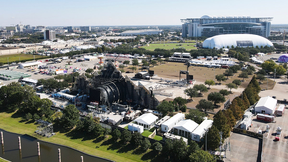 A drone image shows the stage area at Astroworld on Saturday in Houston. Several people died and numerous others were injured in what officials described as a surge of the crowd at the music festival while Travis Scott was performing Friday night.  
