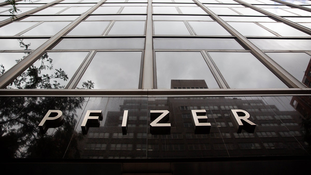 This photo taken on Aug. 23, 2021, shows Pfizer signage at Pfizer's World Headquarters in New York. 