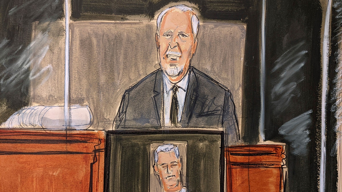 In this courtroom sketch, Lawrence Paul Visoski Jr., who was one of Jeffrey Epstein's pilots, testifies on the witness stand during Ghislaine Maxwell's sex trafficking trial