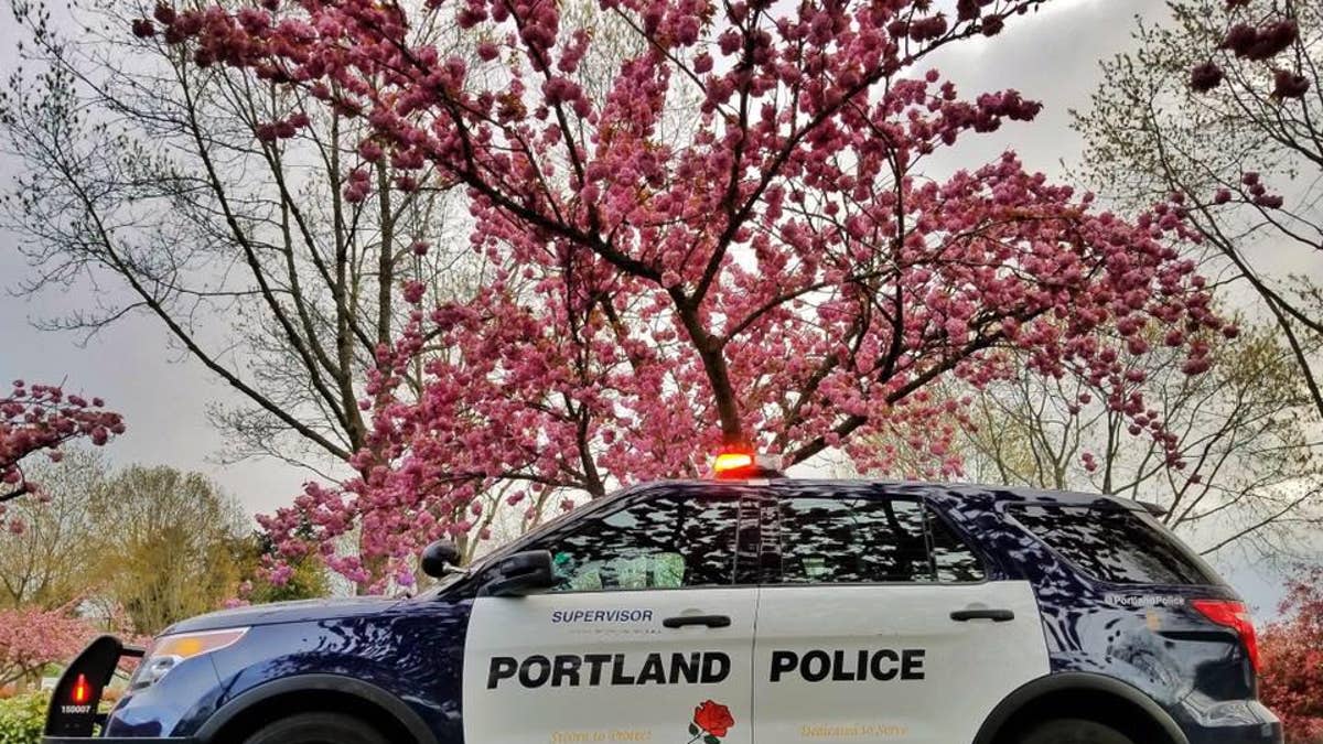 Portland Police cruiser on street with trees in background