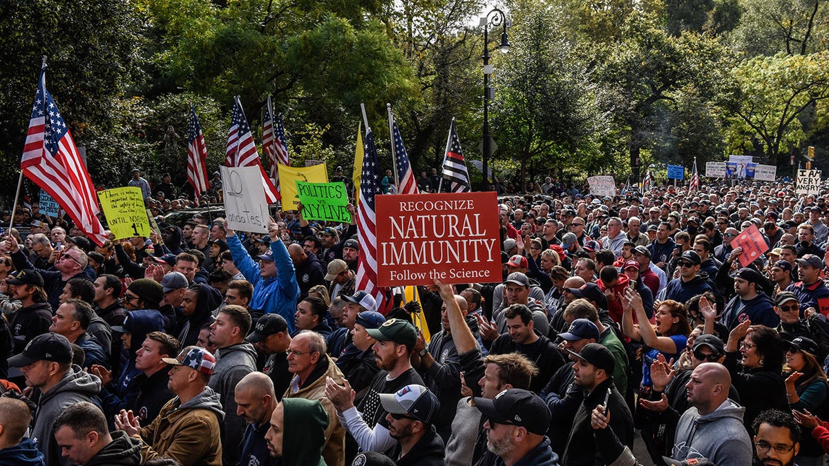 Demonstrators gather during a protest against the New York City COVID-19 vaccine mandate outside Gracie Mansion in New York, U.S., on Thursday, Oct. 28, 2021. Photographer: Stephanie Keith/Bloomberg via Getty Images