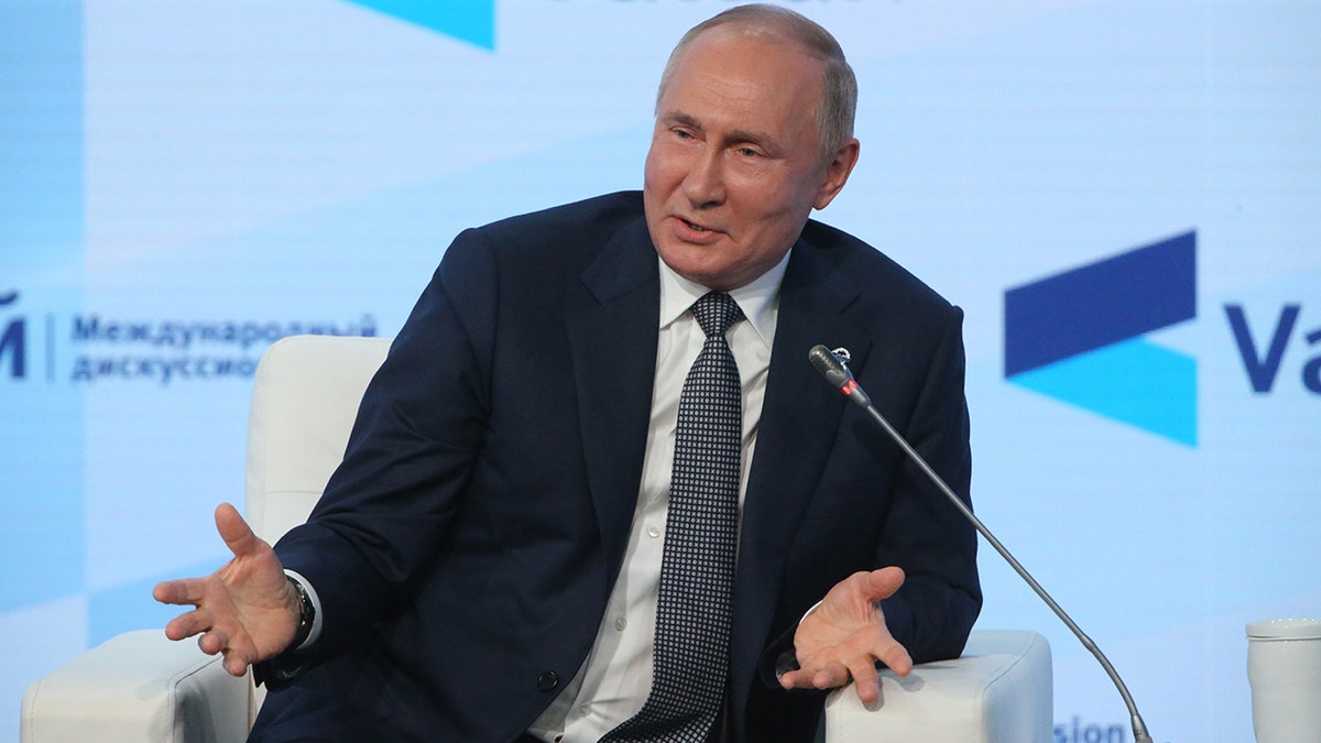 Russian President Vladimir Putin speaks during the Valdai Discussion Club's plenary meeting, on Oct. 21 in Sochi, Russia. Recently, Putin spoke about strengthening the country's air defenses. 