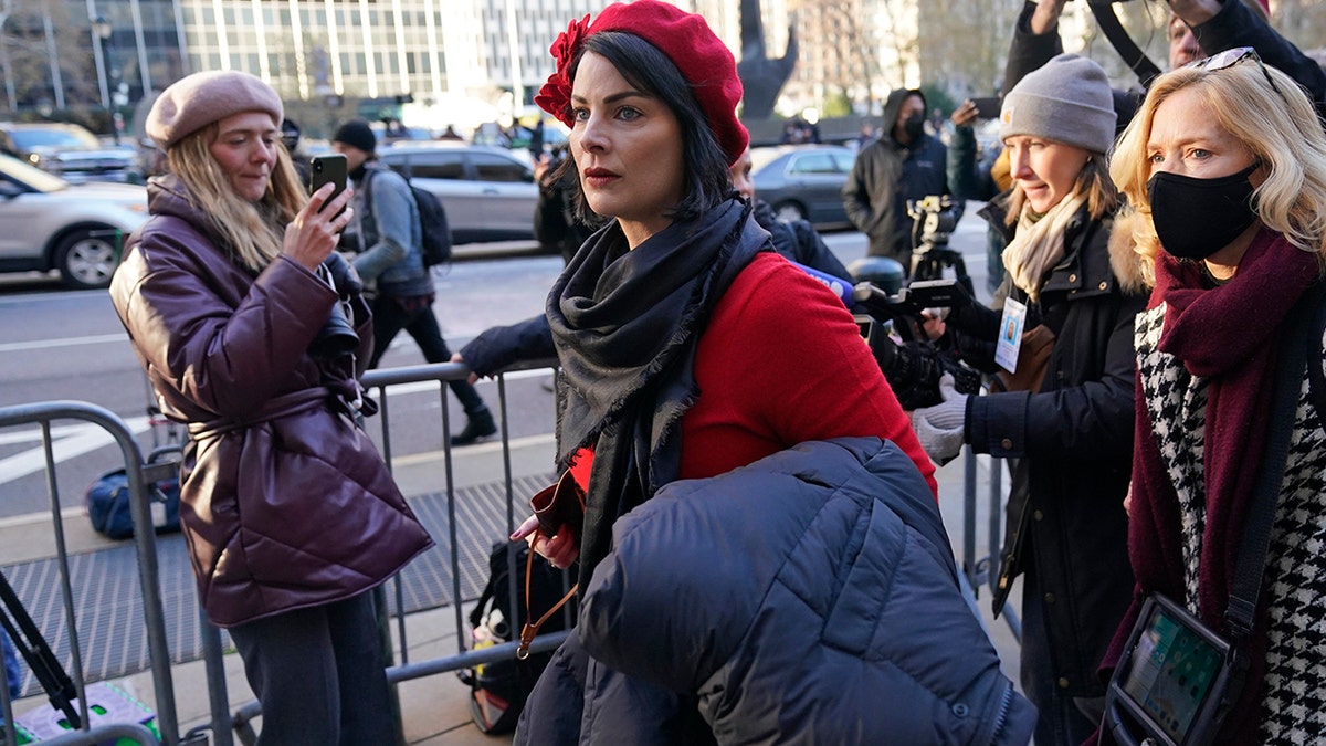 Sarah Ransome, an alleged victim of Jeffrey Epstein and Ghislaine Maxwell, arrives to the courthouse for the start of Maxwell's trial in New York on Monday, Nov. 29, 2021. 