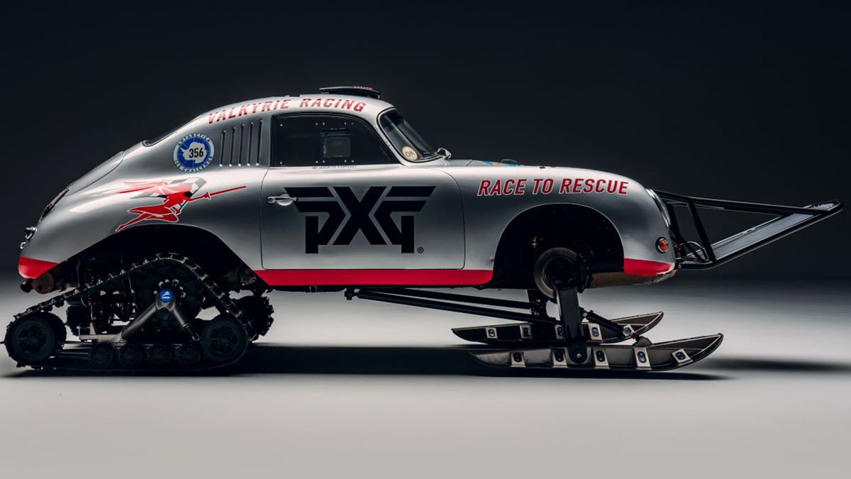 The 1956 Porsche 356A is equipped with snow tracks, skis and a crevasse bar.