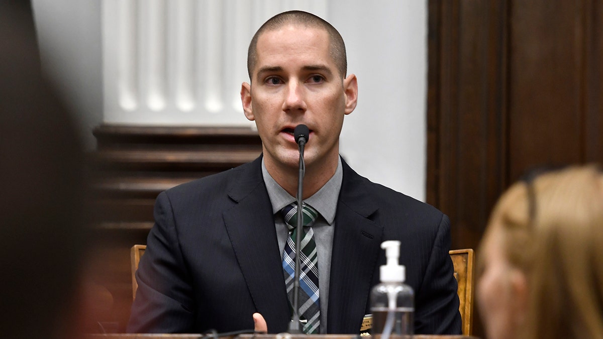 Kenosha Police Detective Martin Howard testifies during the Kyle Rittenhouse trial at the Kenosha County Courthouse in Kenosha, Wisconsin, on Thursday, Nov. 4, 2021.