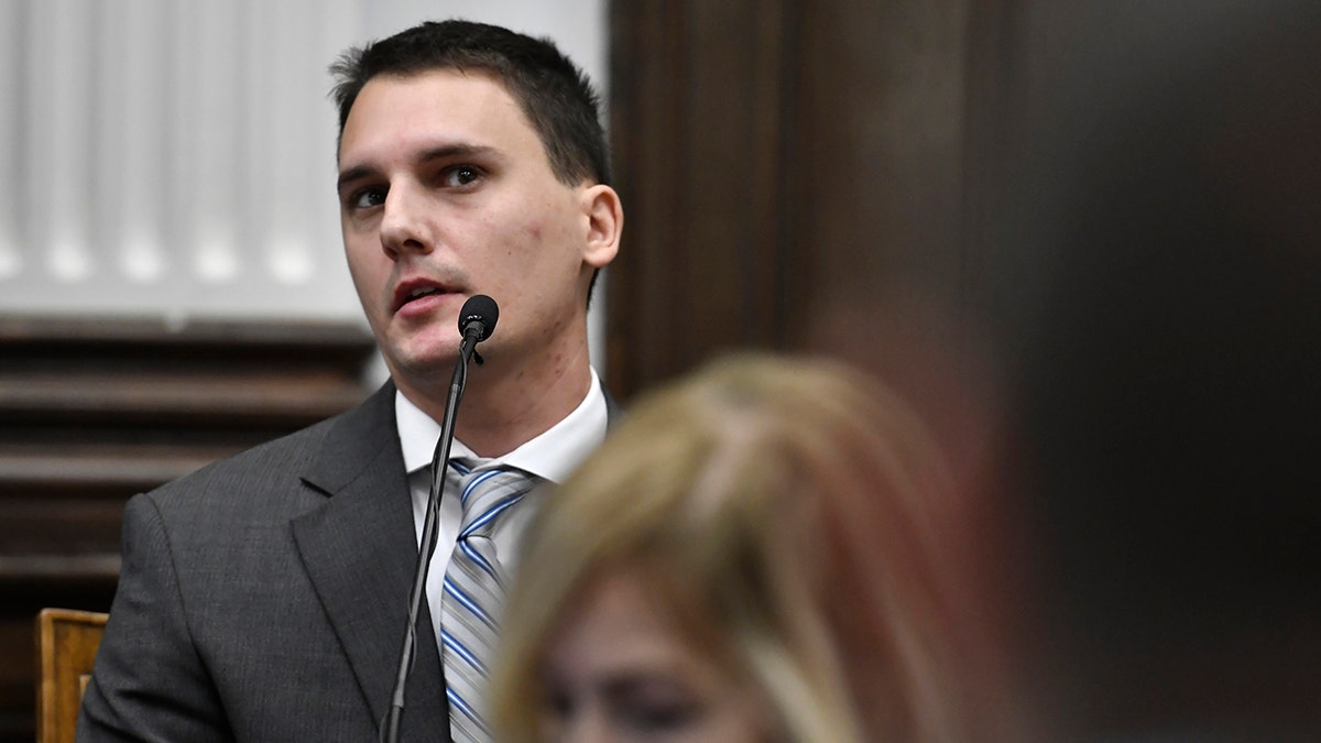 Jason Lackowski takes the witness stand and testifies during Kyle Rittenhouse's trial at the Kenosha County Courthouse in Kenosha, Wisconsin, on Friday, Nov. 5, 2021.