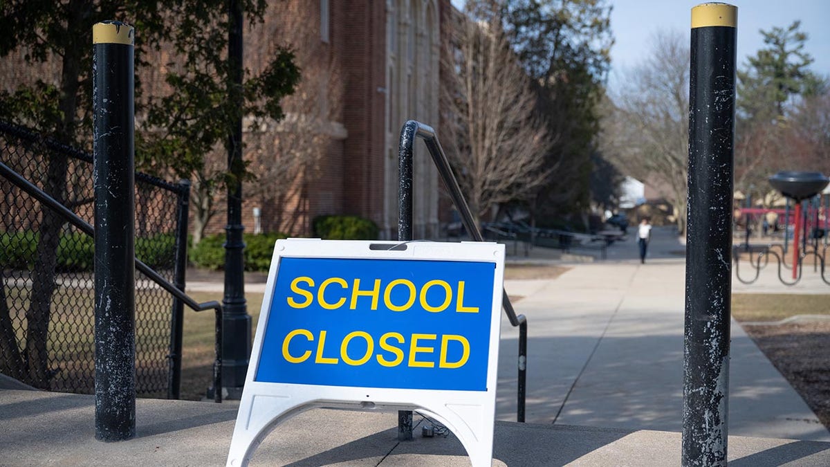Photo of a sign outside of a school in Michigan reading "school closed" during pandemic
