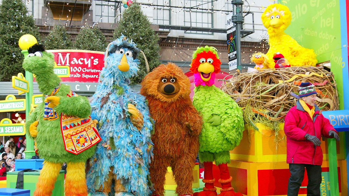 Sesame Street's Big Bird and friends perform at the 76th Annual Macy's Thanksgiving Day Parade in Herald Square in 2002 in New York City.