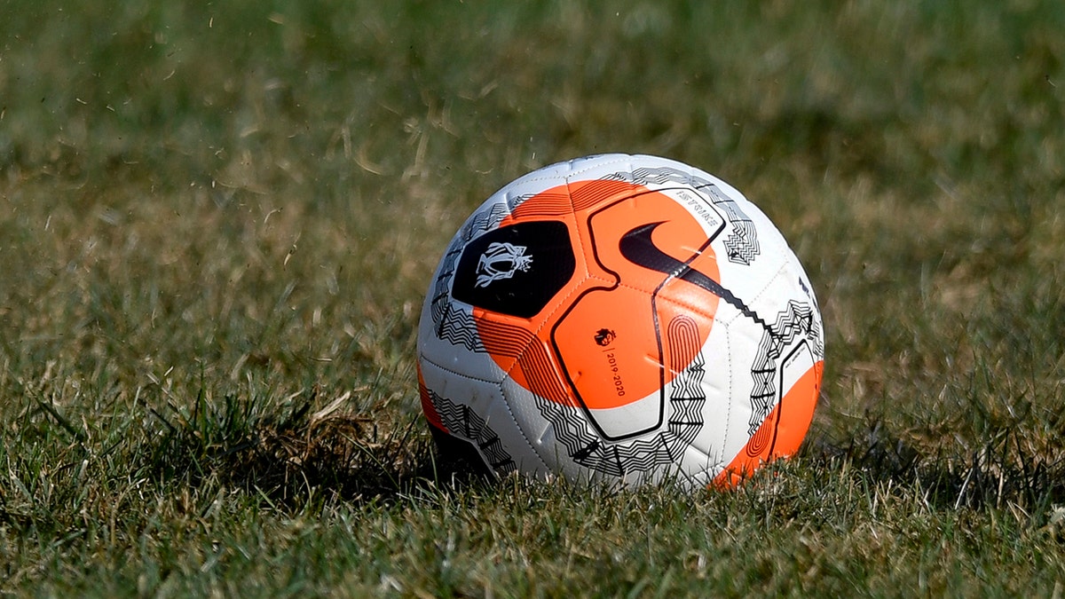 A detail photo of a soccer ball on the field.