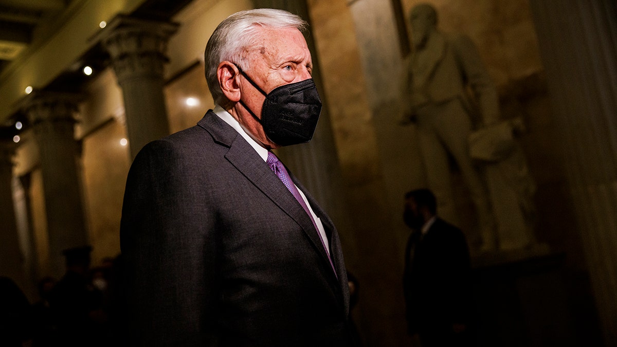 House Majority Leader Steny Hoyer (D-MD) awaits the arrival of U.S. President Joe Biden ahead of a meeting between the president and House Democrats over continued negotiations on the domestic spending bills before the president departs for Europe on Oct. 28 in Washington, DC. Recently, Hoyer explained that they are not expecting the debt ceiling to be a part of the reconciliation bill.