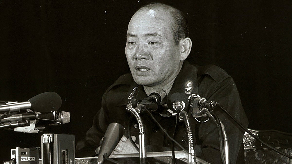 Former South Korean President Chun Doo-hwan speaks during a press conference in Seoul, South Korea, on Nov. 6, 1978. 