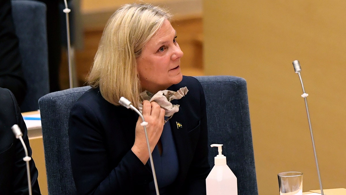 Sweden's Finance Minister and Social Democratic Party leader Magdalena Andersson looks on during a vote in the Swedish parliament Riksdagen in Stockhom on Wednesday, Nov. 24, 2021. 