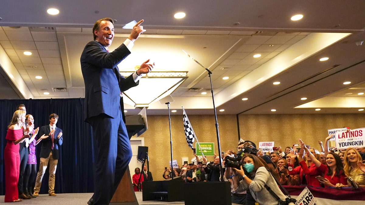 Virginia Gov.-elect Glenn Youngkin arrives to speak at an election night party in Chantilly, Virginia, early Wednesday, Nov. 3, 2021, after he defeated Democrat Terry McAuliffe.