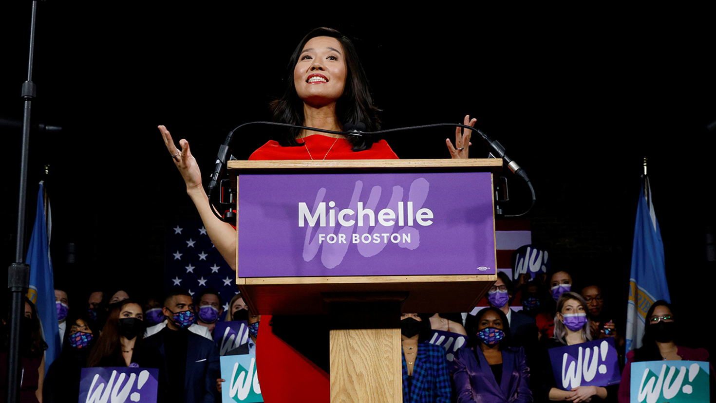 Michelle Wu speaks to supporters after becoming the first woman and first person of color elected mayor in Boston, Massachusetts, on Nov. 2, 2021.