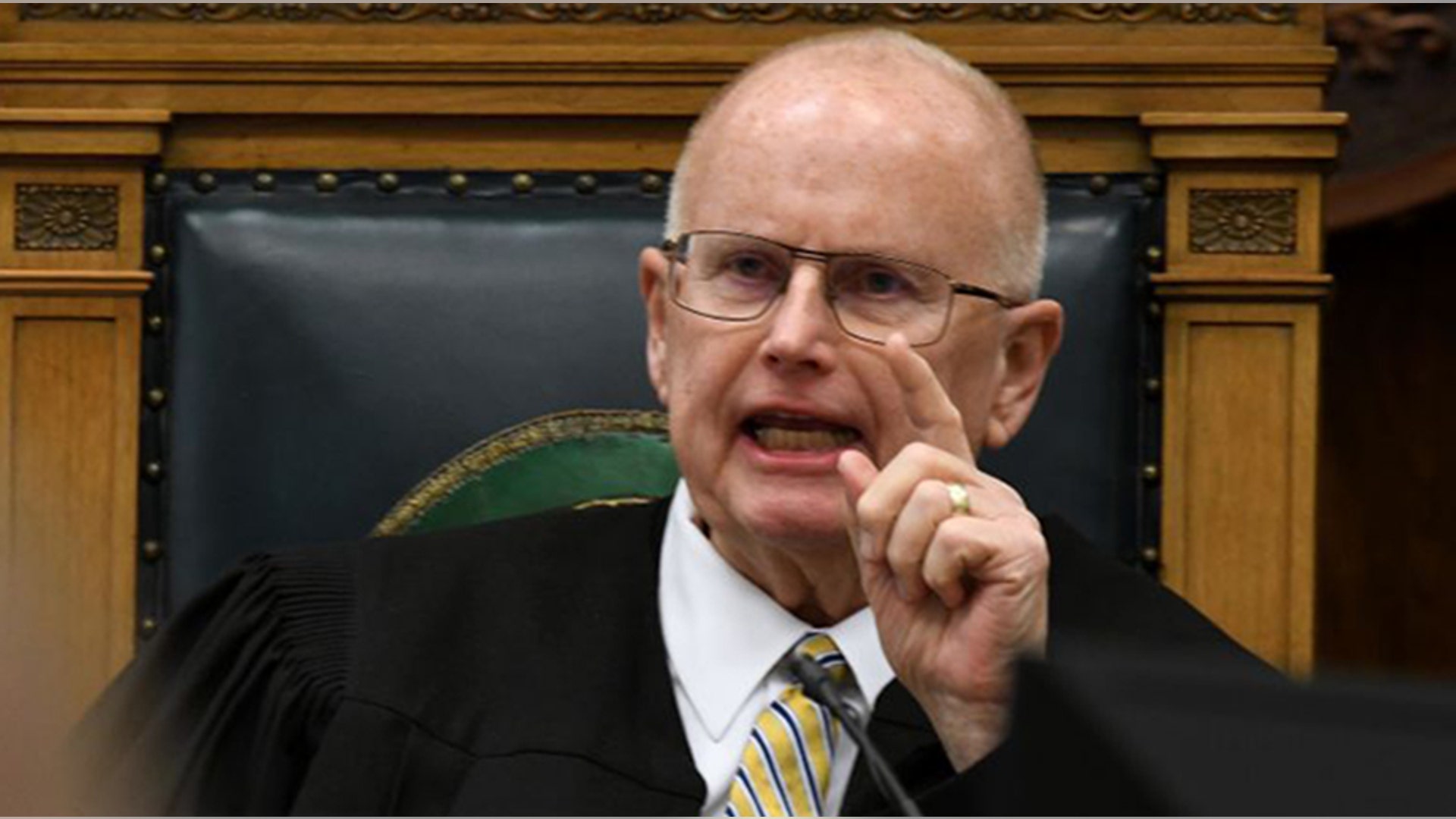 KENOSHA, WISCONSIN - NOVEMBER 10: Judge Bruce E. Schroeder rebukes Assistant District Attorney Thomas Binger during the Kyle Rittenhouse trial at the Kenosha County Courthouse on November 10, 2021 in Kenosha, Wisconsin. Schroeder took a motion under advisement, for a mistrial due to prosecutorial misconduct. Rittenhouse shot three demonstrators, killing two of them, during a night of unrest that erupted in Kenosha after a police officer shot Jacob Blake seven times in the back while police attempted to arrest him in August 2020. Rittenhouse, from Antioch, Illinois, was 17 at the time of the shooting and armed with an assault rifle. He faces counts of felony homicide and felony attempted homicide. (Photo by Mark Hertzberg-Pool/Getty Images)