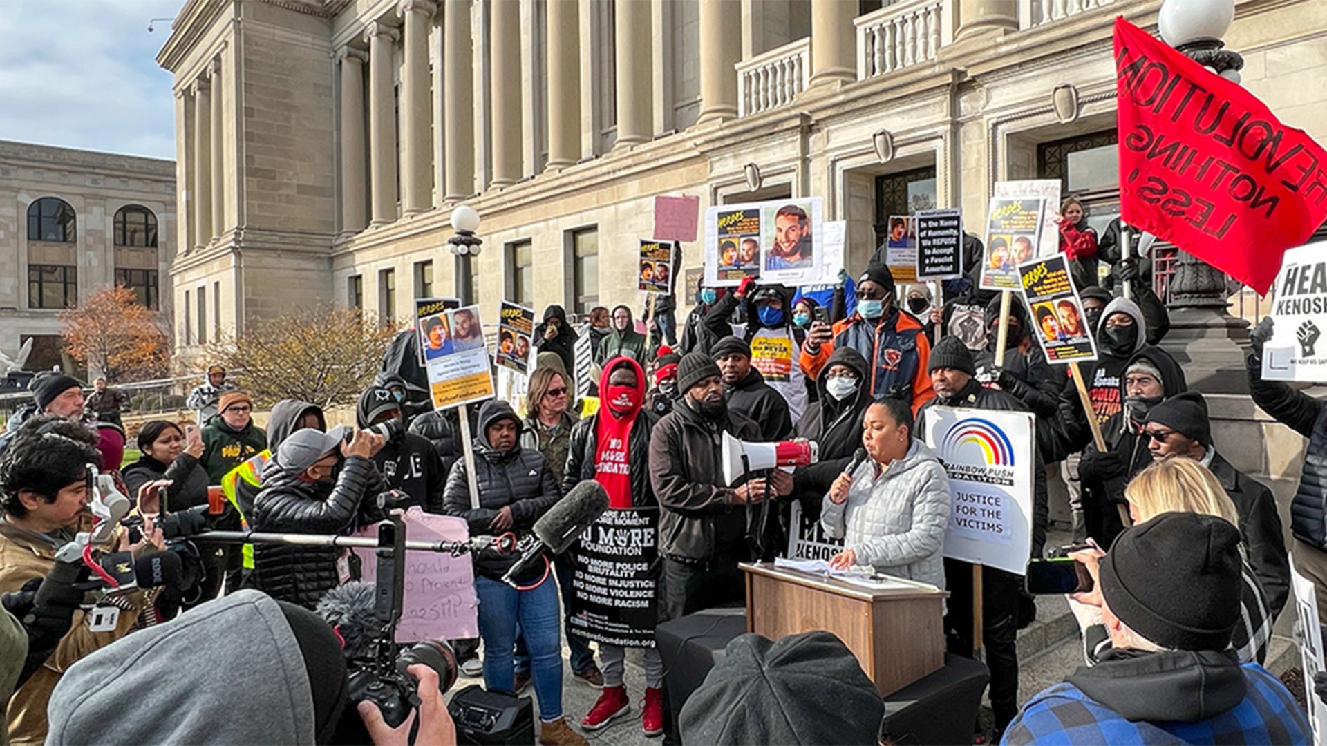 Protests outside Kenosha County Courthouse in response to the Kyle Rittenhouse trial.